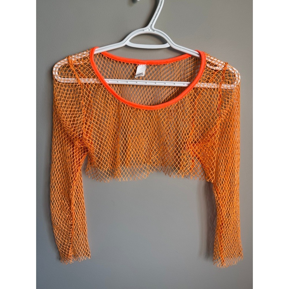 Orange Fishnet Mesh Long Sleeve Crop Top Shrug Rave Festival XS Neon Layering